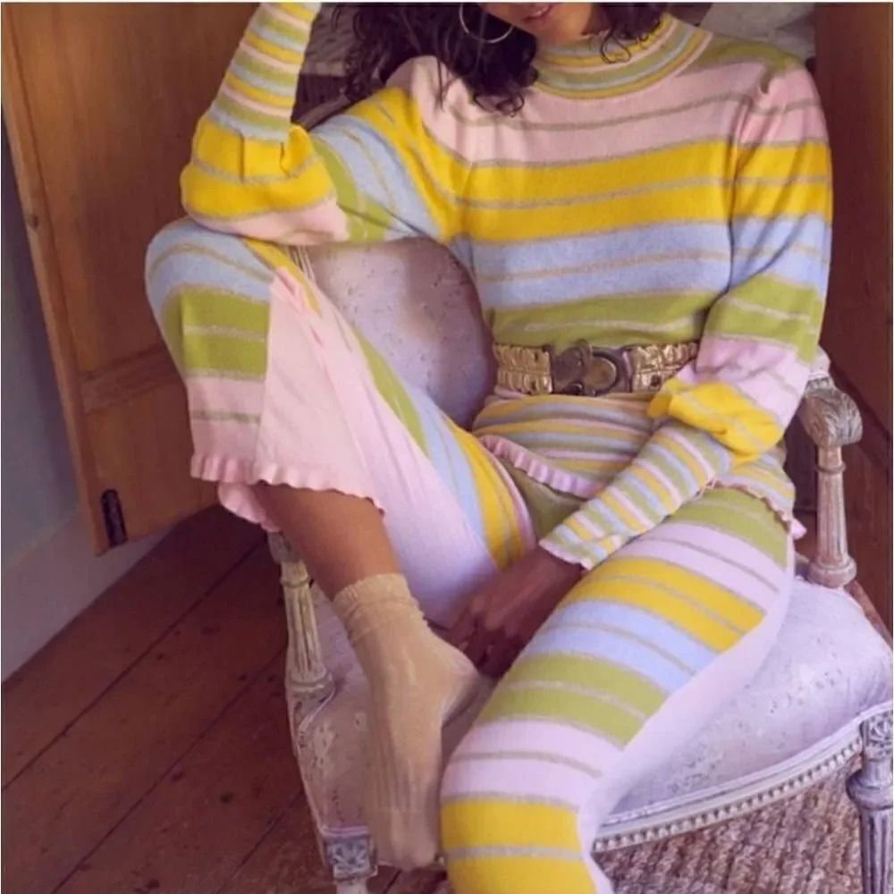 LOVESHACKFANCY Crosby Metallic Striped Mock-Neck Sweater S